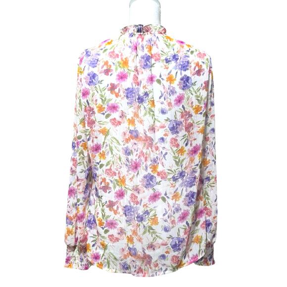 JOIE Floral Blouse Medium 8-10 Tie V-Neck  Sheer Sleeve Smocked Cuff Pink Purple - Picture 4 of 13